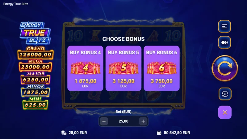 Energy True Blitz - menu mua tiền thưởng